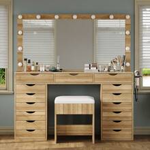 FUSOU 15 Drawers Dressing Table With Power Outlet, Makeup Vanity With  Mirror And 13 LED Lights, 3 Color Modes, Adjustable Brightness, Glass Top Vanity For Dressing Room Bedroom - Natural Color - View 11