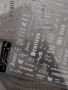 1 Sheet 5D Embossed Cursive English Nail Art Stickers, Embossed Short Phrases, Rose And Butterfly Minimalist Line Decals, Vintage Versatile Daily DIY Fingertip Decorations - White - View 1