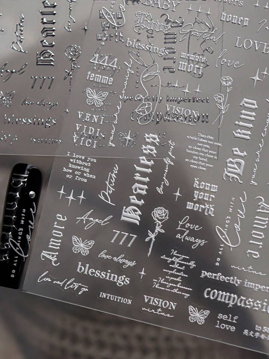 1 Sheet 5D Embossed Cursive English Nail Art Stickers, Embossed Short Phrases, Rose And Butterfly Minimalist Line Decals, Vintage Versatile Daily DIY Fingertip Decorations - White - View 1