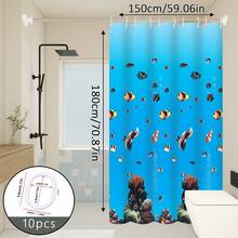 1pc Cartoon Underwater World Pattern Shower Curtain Bathroom Divider Curtain With Hooks - Royal Blue - View 10