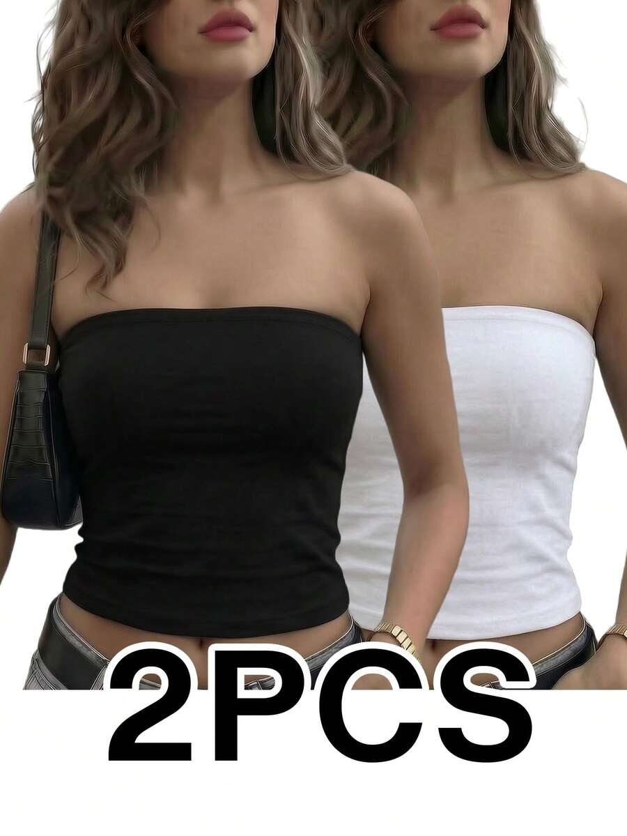 2件組女款抹胸上衣，夏季新款純色休閒百搭露背修身短版上衣，時尚日常穿搭 - 彩色 - 查看 1
