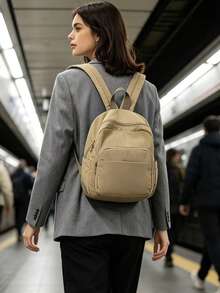 Women's Lightweight Nylon Mini Backpack, Multi Compartment Casual Small Backpack, Versatile Backpack For Commuting And Traveling, College Style Comput - Khaki - View 7