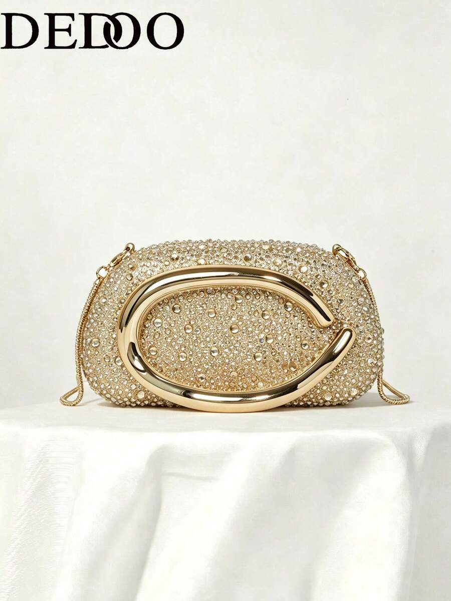 Women's Rhinestone Rounded Rectangular Evening Clutch, Front Curved Oval Handle Handbag, Fashion Crossbody Bag, Suitable For Wedding, Ball, Valentine's Day Party - Gold - View 1