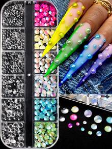 12 Grid Iridescent Mermaid Bubble Nail Beads Flat Back Aurora Rainbow Water Drop Pearl Charms Mixed Color Size 3D Transparent Dome Nail Rhinestones For Cat Eye Bubble Manicure DIY Nail Art Decorations Makeup Craft Accessories - Multicolor - View 4