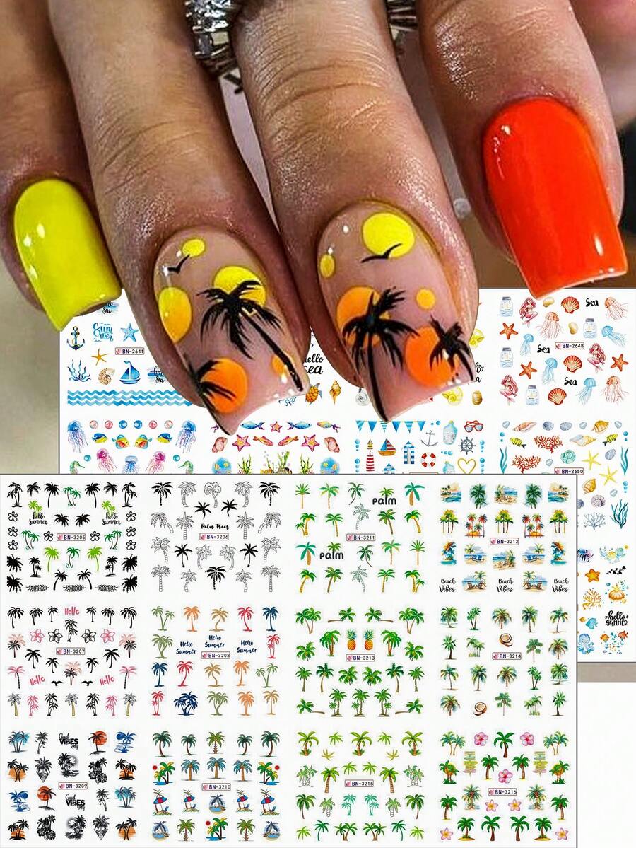 SWEET TREND 2 Large Summer Marine Animal Tropical Plant Design Water Transfer Nail Sticker, Beach Coconut Tree, Leaves And Turtles, Shells, Seahorse Design DIY Nail Art Sticker, Marine Life Sticker Watermark Slider Nail Art Decoration DIY Nail Supplies - Multicolor - View 1