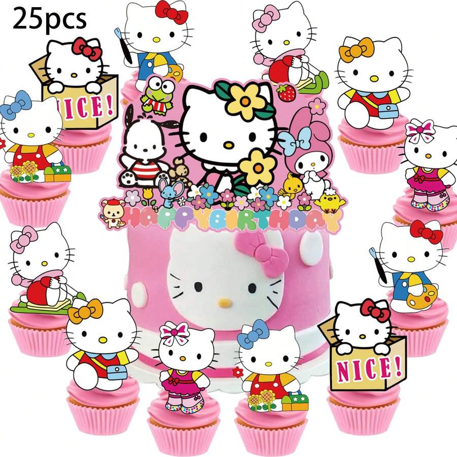 25pcs KT Cake Topper,Cupcake Toppers, KT Birthday Decorations,KT Theme Party Supplies, Birthday Decorations,KT Cat Cake Decorations,KT Cat Birthday Party Decorations - Cartoon - View 1