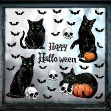 1pc Halloween Black Cat Static Window Sticker, Removable Glass Sticker, Cat And Bat Design, Suitable For Living Room And Bedroom Windows, Holiday Party Supplies. - Multicolor - View 6