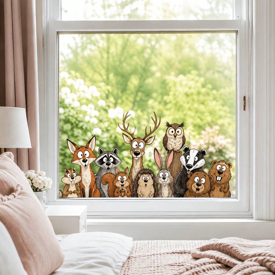 1pc Forest Animal Window Stickers Featuring Foxes, Deer, Raccoons, Owls, Rabbits, And Bears. Double-Sided Visible PVC Electrostatic Adsorption Window Stickers, Suitable For Kitchens, Living Rooms, Bedrooms, And Home Decor. - Multicolor - View 1