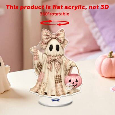 1/3 piezas Soporte de escritorio de fantasma de Halloween, figura de fantasma de acrílico plano 2D con lazo de patchwork lindo y sombrero de bruja, con base giratoria de 360°, centro de mesa desmontable para decoración de fiesta de Halloween, dormitorio y oficina, hermoso regalo conmemorativo.