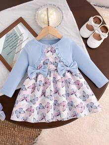 Autumn/Winter Butterfly & Floral Element Patchwork Bow Decor Long Sleeve Dress For Baby Girls - Multicolor - View 1