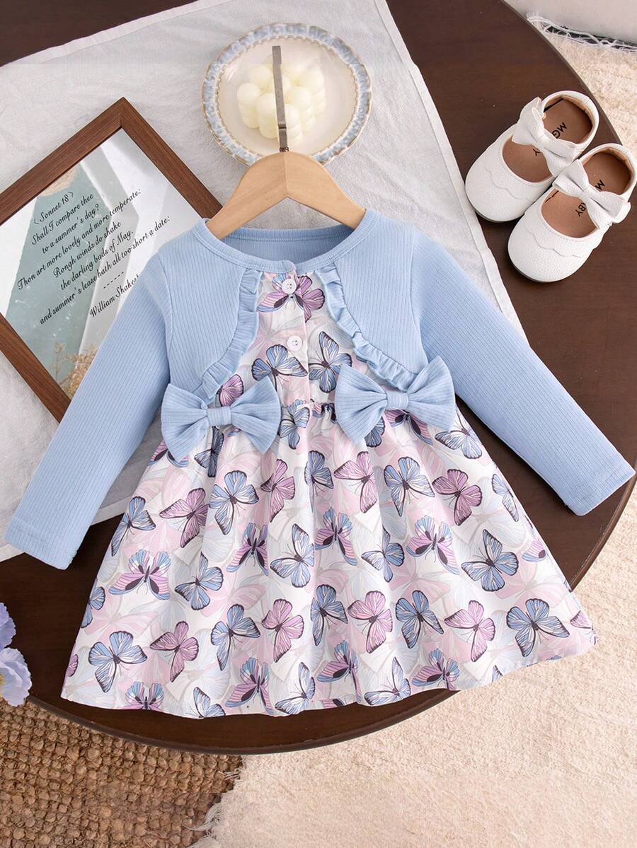 Autumn/Winter Butterfly & Floral Element Patchwork Bow Decor Long Sleeve Dress For Baby Girls - Multicolor - View 1