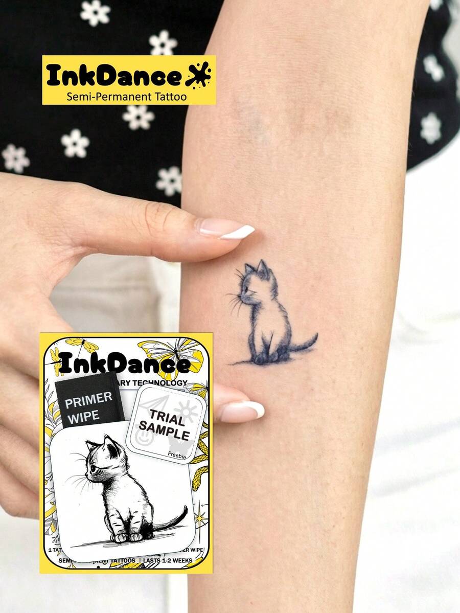 1組「Curious Ink Kitten」新科技紋身貼，臨時紋身，半永久，仿真紋身，防水且持久，逼真設計，The Monarch's Roar，植物基配方，InkDance，Ink Dance 禮品節身體藝術 MNF197 - 黑色 - 查看 1