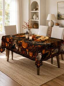1pc Halloween Pumpkin Lantern Crow Ghost Tablecloth, Vintage Autumn Pumpkin Skull Bat Full Moon Print Round/Rectangular Tablecloth, Spooky Farmhouse Style Halloween Dinner Party Table Decor, Autumn Holiday Tablecloth - Multicolor - View 10