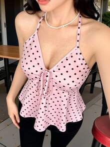 Buzzelle 1pc Polka Dot Polyester Tie-Up Ruffle Tank Top Beach Vacation Date Summer Pink - Pink - View 2