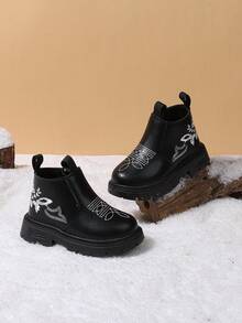 1 Pair Girls' Chinese Style Embroidered Chelsea Ankle Boots, Autumn/Winter New Side Zipper Thick Sole Boots - Black - View 3