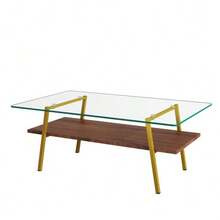 Coffee Table Made Of Tempered Glass, Rectangular Coffee Table, Metal Legs, Modern Living Room Table, H42.5/W98/D58 Cm - Blush+Gold - 查看 9