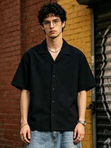 Men's Summer Thin Solid Color Short Sleeve Shirt With Turn-Down Collar, Fashionable Versatile Blouse - Black - View 4