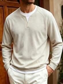 1pc New Solid Color Men's 2 In 1 Long Sleeve T-Shirt, Loose Fit, Casual Top For Spring And Autumn, Easy To Pair With Different Bottoms - Beige - View 1