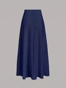 Falda acampanada plisada de unicolor Vela Rue, elegante y casual para el trabajo, citas, todas las estaciones, primavera - Azul Marino - Ver 2