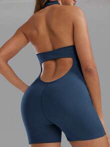 6pecil Women's Sexy Lace Trim Halter V-Neck Backless Deep V-Neck Fitted Jumpsuit, Suitable For Daily Casual, Yoga, Fitness Wear - Navy Blue - View 2