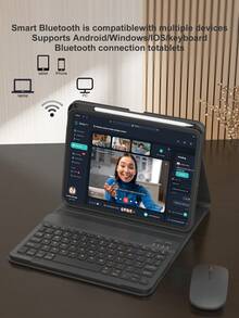 無線鍵盤與滑鼠套組，相容 iPad A16 第 11 代/第 10 代、第 9 代/第 8 代/第 7 代 10.2 吋、Air 10.9 吋/11 吋、Pro 11 吋，PU 皮革平板配件，可拆卸無線鍵盤（150mAh 電池）及附筆槽保護殼 - 黑色 - 查看 5