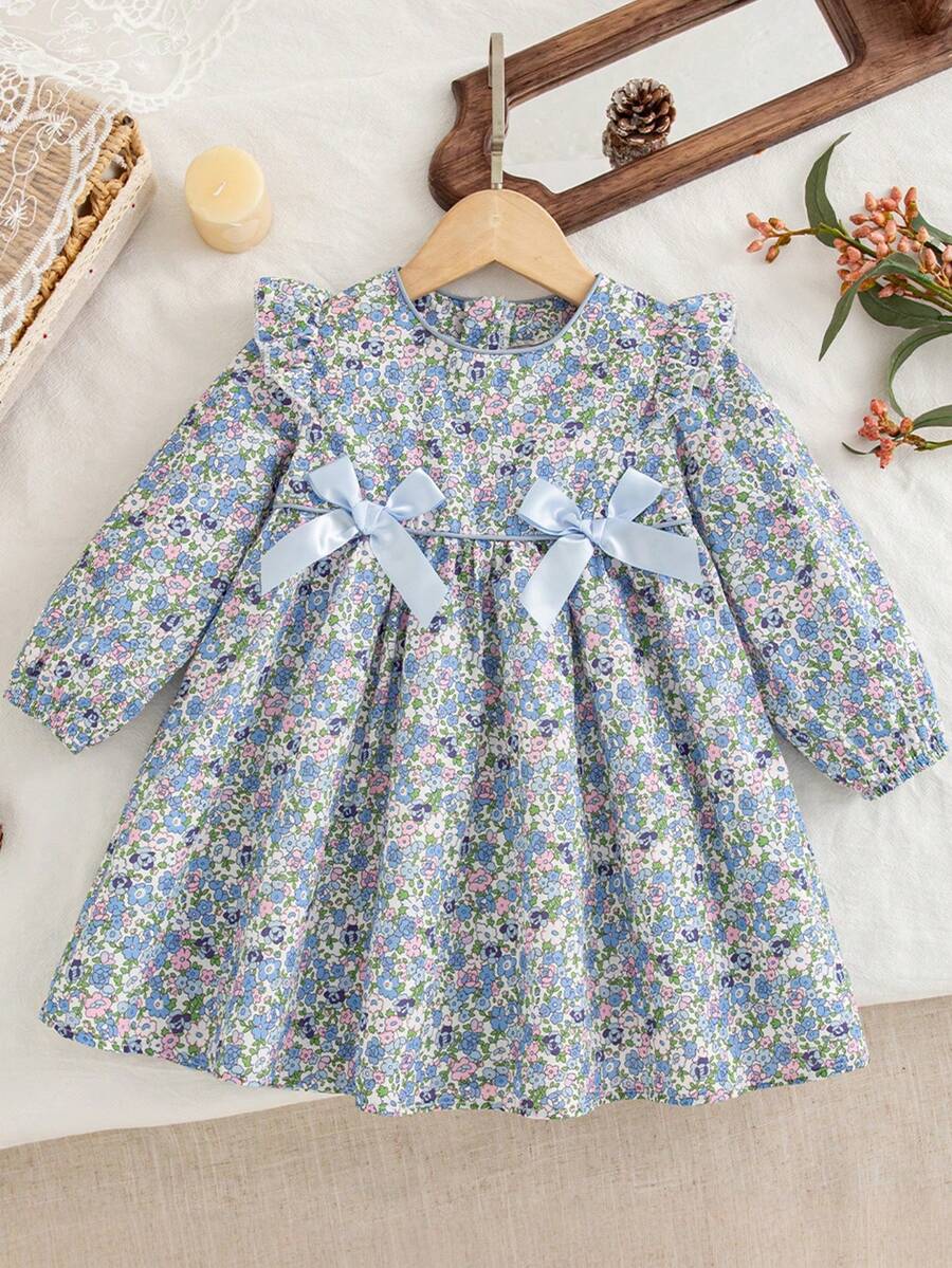 Autumn/Winter Mori Style Ditsy Floral Bow Decor Long Sleeve Dress For Social Gatherings, Baby Girl - Multicolor - View 1