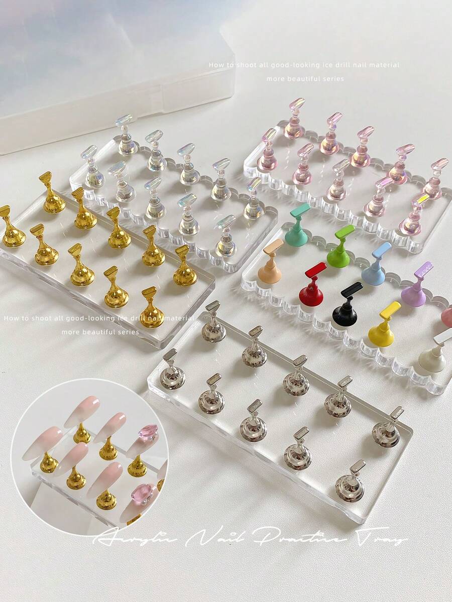 3D Resin Acrylic Rectangular Right-Angle Ripple Base Nail Art Display Stand With Aurora White, Purple, Pink, Champagne, Alloy Gold And White K Finger Holder Practice Tray Set, Korean-Japanese Style Floral Laser DIY For Home, Outdoor, Women, Mom, Sister, Wife, Girlfriend, Wedding, Nail Salon, Beauty Parlor, Valentine's Day - Multicolor - View 1