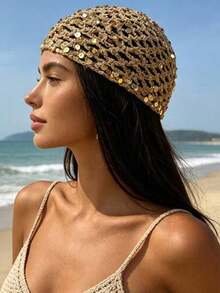 1pc Women's Fashion Spring/Autumn Thin Sequin Handmade Crochet Wool Hat, Suitable For Beach Bohemian Style Outfit - A - View 8