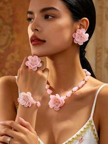 5pcs Women's Jewelry Set Exaggerated Vintage Elegant Acrylic Beaded Flower Pendant Necklace, Earrings, Bracelet, Ring Set Suitable For Beach Vacation, Party, Banquet And Daily Wear - Pink - View 7