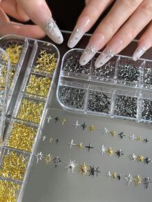 12格星爆鉚釘美甲裝飾套組 金色、銀色、槍灰色、黑色混色金屬四角星美甲水鑽 - 彩色 - 查看 6