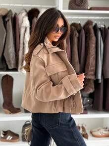 Women's Funnel Neck Short Jacket With Cinched Waist And Pockets, Suitable For Autumn/Winter Wear - Apricot - View 3