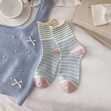 4 Pairs All-Season Striped Rolled Cuff Mid-Calf Socks For Women, Breathable Versatile Slouch Socks - Multicolor - View 8