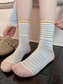 4 Pairs Korean Ins Style Color Block Striped Mid-Calf Socks, Retro Contrast Color Cuff, Student Style - Multicolor - View 2