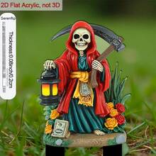 [2D Flat] 1pc 2D Flat Acrylic Garden Stake, Used For Garden And Potted Plants, Red Cape Skeleton With Scythe, Used For Decorating Yard And Potted Plants, Perfect For Decorations And Outdoor Decor, Halloween Decoration Stake, 2D Flat, No Electricity - A - View 5
