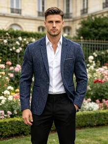 Premium Men's Slim Fit Casual Blazer, Navy Blue Textured Tweed Notch Lapel Single-Breasted Long Sleeve Jacket, Autumn/Winter Textured Business Commute Outerwear, Suitable For Daily Wear And Semi-Formal Occasions - Blue - View 4