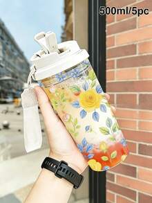 1 pieza/5 piezas Vaso de agua de plástico de 500ml con estampado floral de rosa amarilla y azul vintage de verano, con pajita y cordón, tapa abatible a prueba de fugas, para bebidas frías, calientes y café helado, uso diario, listo para fotos, regalo de cumpleaños para mejor amigo, regalo festivo - Rosa amarilla multicolor - Ver 8