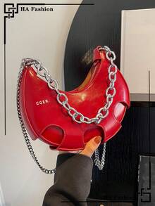 Fashionable Armpit Bag With Letter Print And Metal Chain Decoration Crossbody Crescent Bag PU Shoulder Bag Women Stylish Handbag Hobo Tote Purse - Burgundy - View 1