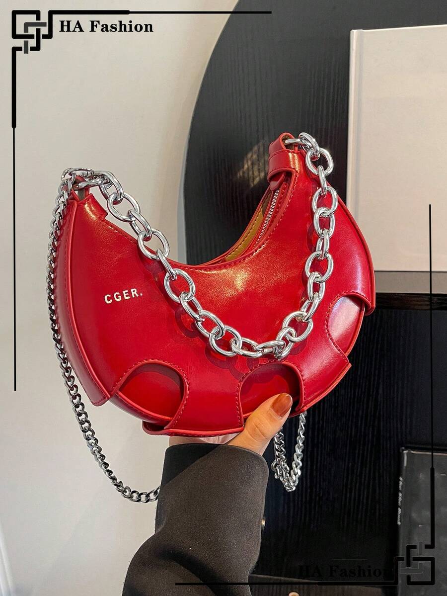 Fashionable Armpit Bag With Letter Print And Metal Chain Decoration Crossbody Crescent Bag PU Shoulder Bag Women Stylish Handbag Hobo Tote Purse - Burgundy - View 1