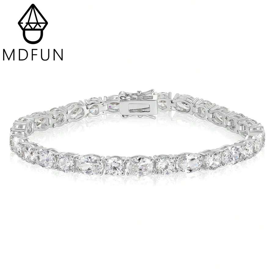 MDFUN 18K白金鍍層 5mm圓形與5*7mm橢圓形CZ鋯石網球手鍊,女士閃亮立方鋯石鏈條手鍊,適合婚禮與日常佩戴的精緻珠寶 - 白色-圓形+橢圓形 - 查看 1