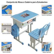 Conjunto Mesa e Cadeira Ajustáveis para Estudo, Altura Regulável para 3-18 Anos – Design Ergonômico, Material Seguro E0, Porta-canetas, Gaveta e Gancho – Cantos Arredondados, Respirável – Durável e Resistente - Azul - Visão 3
