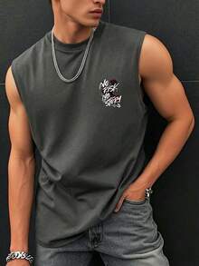 男士夏季時尚百搭極簡玫瑰字母印花圓領背心 - 深灰色 - 查看 2