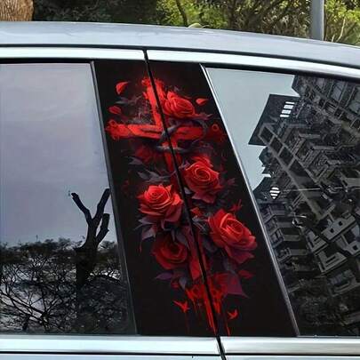 Red Rose Cross Pattern Glossy Car Sticker, For Vehicle Decoration, B-Pillar Protective Film Decal