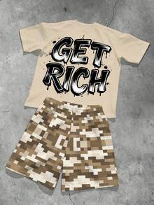 Men's 2-Piece Outfit, Plus Size, Men's Shorts, Men's Patterned Shirt, Streetwear "Hip Hop Men, Beige + Khaki Camouflage" Pattern Sports Set - Polyester Fabric, Drawstring, Pockets, Suitable For Plus Size - Beige - View 4