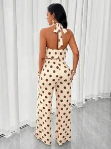 AIJ Casual Sexy Women's Polka Dot Halter Neck Gold Buckle Two Pieces Set, Backless Medium Stretch Outfit, Create A Look Vacation Elegant Summer - Yellow Base With Palm Flowers - View 2