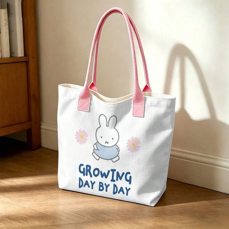 Miniso Miffy 粉色雛菊印花帆布托特包 粉色手柄 Growing Day By Day 字樣 大容量單肩手提包 適合上學、購物、旅行、日常使用 - 粉色 - 查看 1