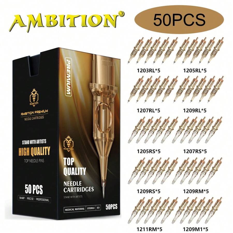 Ambition Premium 紋身針筒針 50支裝 混合尺寸 RL RS M1 一次性無菌紋身針筒 超銳利穩定針尖 適用紋身師 勾線 陰影 上色