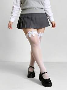 1雙女款蕾絲過膝襪，附蝴蝶結裝飾，休閒學院風，適合日常學院風穿搭 - 白色 - 查看 2