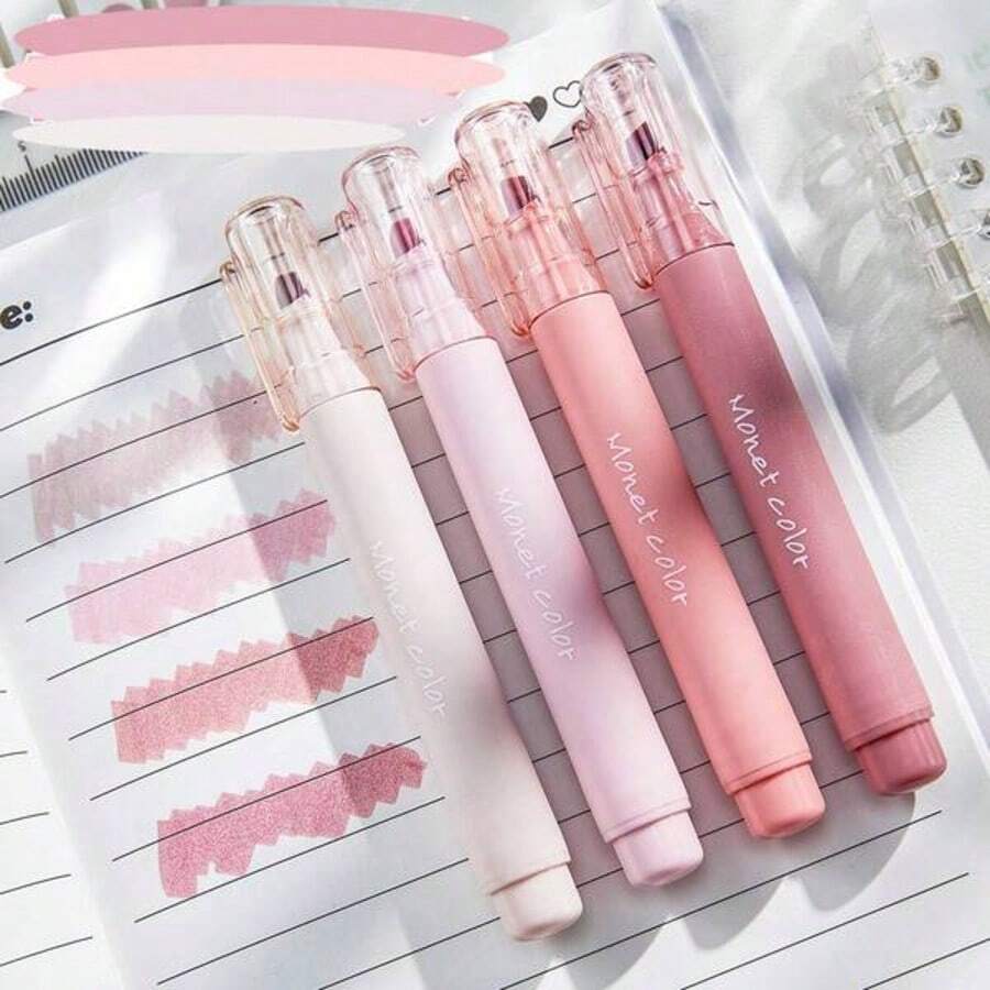 4pcs Soft Fluorescent Gel Pens Set, Pink Moraine Colors, Water-Based Ink, Fine-Tip, Suitable For Office Supplies, Writing, Correcting, Notebooks, Sketching School Supplies,Back To School - Sets - View 1