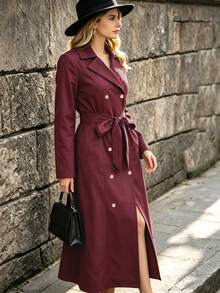 Mantel Trench Wanita Lengan Panjang Kerah Warna Polos Desain Kancing Burgundy Vintage Kancing Ganda - Burgundy - View 2