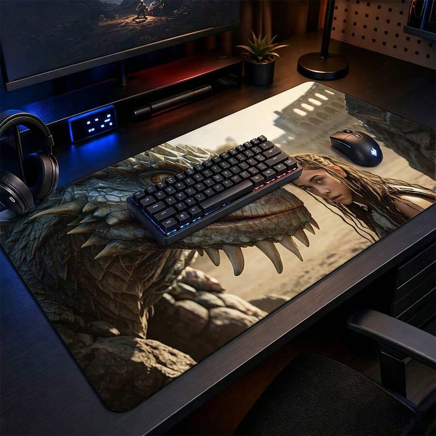 Ancient Giant Dinosaur Girl Portrait Extended Gaming Mouse Pad, Large Non-Slip Rubber Waterproof Keyboard Desk Mat, Suitable For PC Laptop Gaming Office Desktop Decoration - View 1